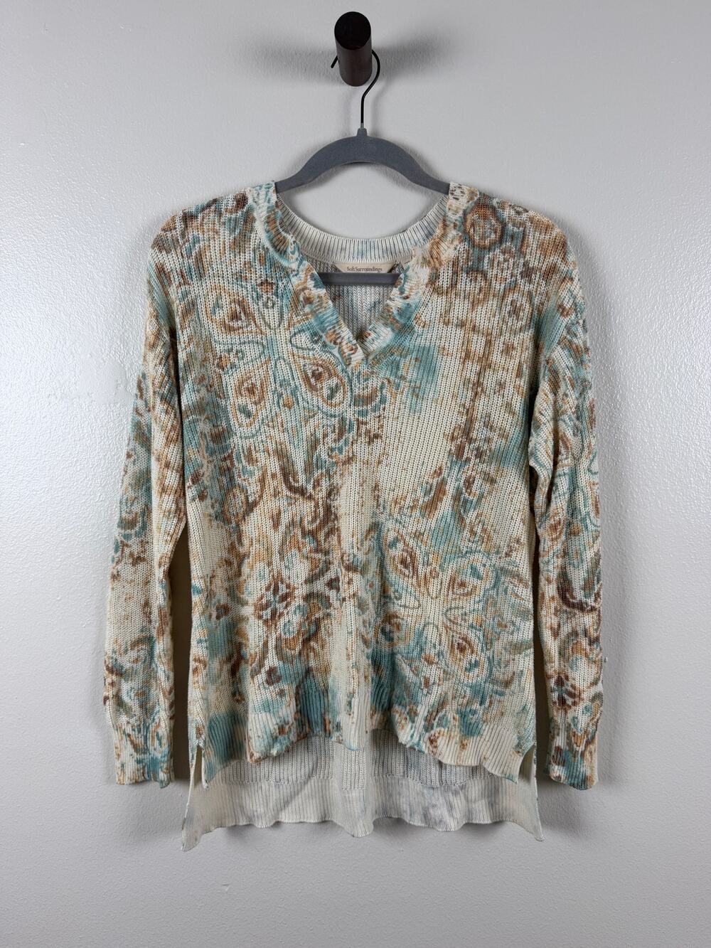Soft Surroundings PXS Abstract Paisley V Neck Knit Sweater Teal Boho